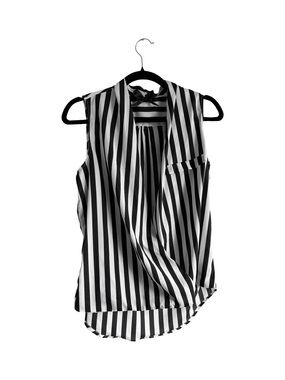 Express Black & White Vertical Stripe Draped Faux Wrap Sleeveless Blouse S